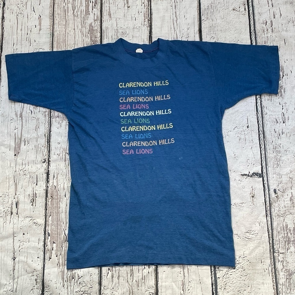 Vintage 1980s Clarendon Hills Sea Lion Blue Graphic 80s Tee Top Shirt